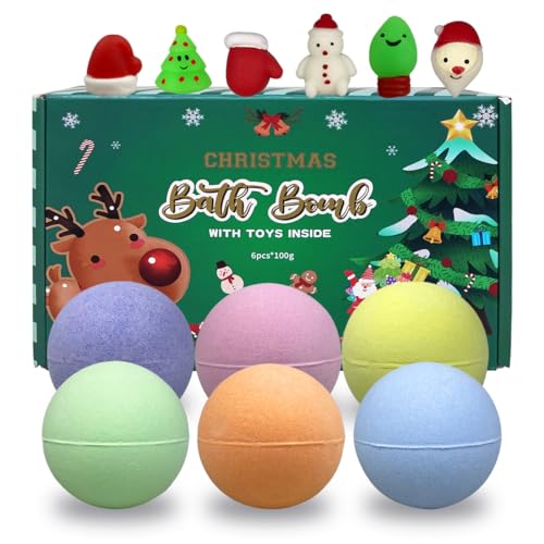 Jofan 6 Pack Christmas Bath Bombs Bubble with Christmas Squishy Toys Inside for Kids Girls Boys Women Christmas Stocking Stuffers Gifts