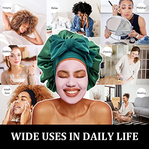 Satin Silk Hair Bonnet for Sleeping - Large Bonnets With Tie Band, Adjustable Straps, Night Sleep Cap for Women With Curly Braid Hair - Hunter Green