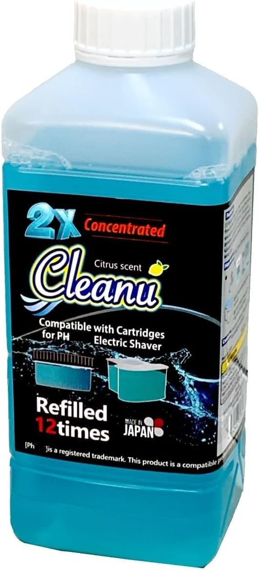 Cleanu (クリンニュ) 2X Concentrated Shaver Cleaning Solution Refill Compatible with Philips Norelco SmartClean & Quick Clean Pod Systems – Makes Up to 12 Cartridge Refills, 1L (33.8 oz), Made in Japan
