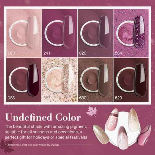 AZUREBEAUTY Dip Powder Nail Kit Starter Glitter Purple Nude Brown 8 Colors 30 Pcs with Nail Swatch Sticks, Dipping Powder Liquid Set Matte Top Coat for Fall Winter Nail Art Manicure Salon DIY Home