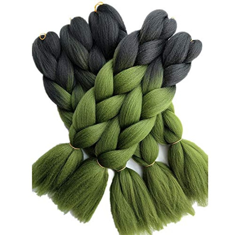 Ombre Color Synthetic Braiding Hair Extensions - 24 Inch Jumbo Braids | Black to Olive Green, 5 Packs for Crochet Twist Box Braids