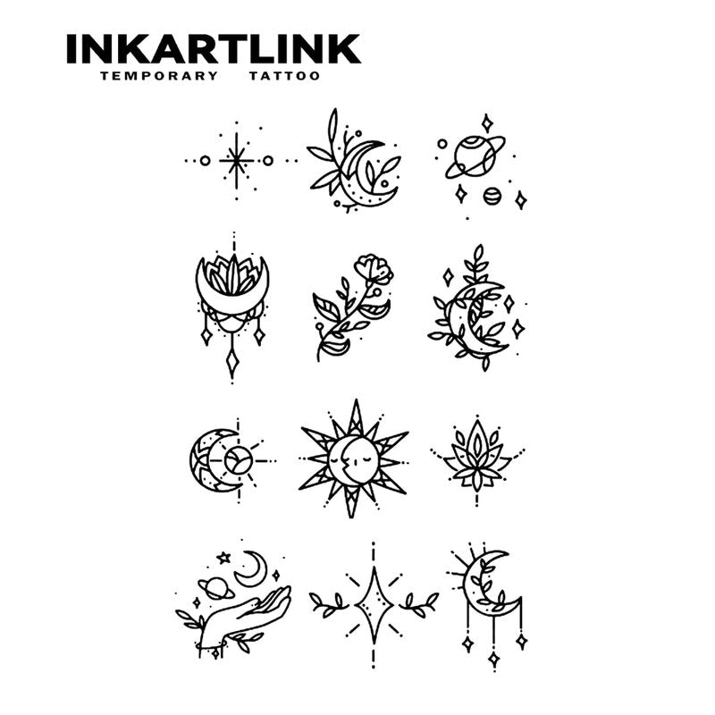 INKARTLINK Tattoo Tech, 2 Sheets Medium Semi Permanent Tattoo, Adult Art Design Temporary Tattoos, Lasts 1-2 Weeks, Waterproof, Realistic Look, No Adhesive, No Reflection (Flower and Planet)
