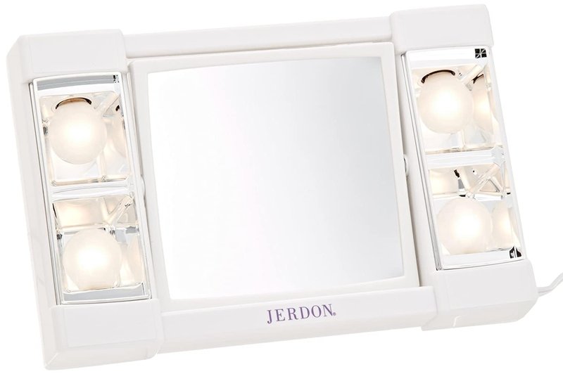 JERDON Two-Sided Makeup Mirror with Lights - 3X Magnification & Glare-Free Lighting | White Base, Model J1010