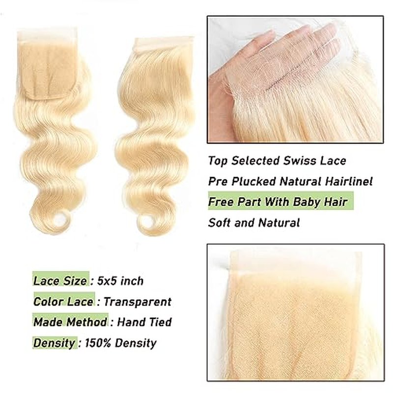 613 Blonde 5x5 Closure 150% Density Body Wave Hd Lace Closure 10a Brazilian Virgin Human Hair Pre Plucked with Baby Hair Natural Hairline Bleached Knots 18 Inch