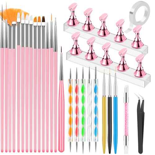 Nail Art Tools Set, Nail Stand for Press on Holder for Painting Nails, Nail Art Brushes, Liner Brushes, Nail Dotting Tool, Must Haves Design Tools for Nail Tech & Beginners Nail Art Supplies Kit