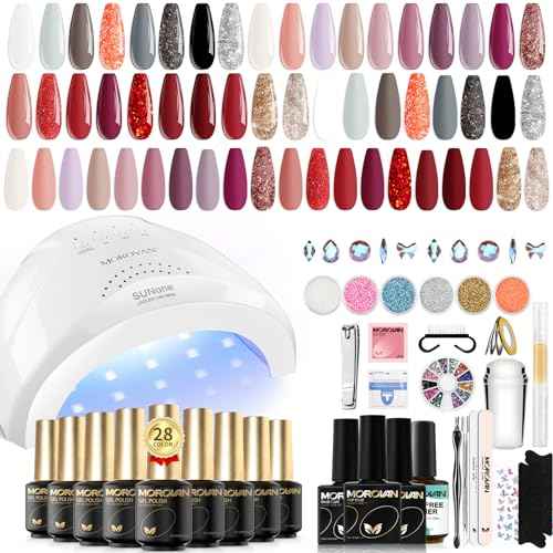 Morovan Gel Nail Polish Kit: 28 Colors Gel Nail Polish Set with U V/LED Light Fall Winter Collection Wine Red Rose Red Gel Polish Nail Art Decorations Manicure Tools DIY Salon Home Gifts
