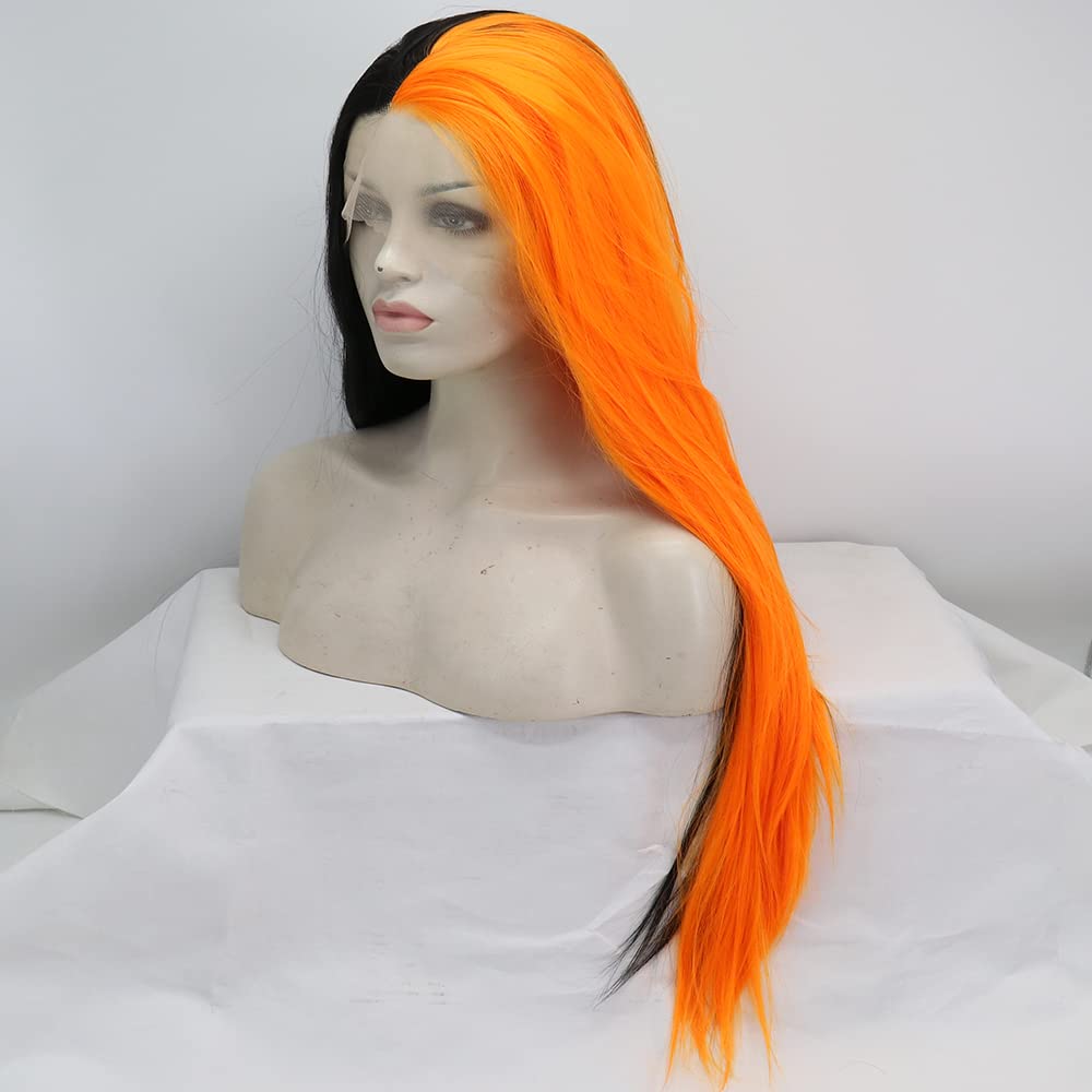 xiweiya Black Orange Half Color Lace Front Wig Long Silky Straight Ginger Orange Wigs Soft Hair Heat Resistant Fiber Wig 150% Density Hair for Women 26inch