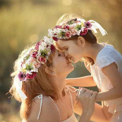 Rose Flower Crown Women Boho Flower Headband Hair Wreath Floral Headpiece with Ribbon Flower Leaves Crown for Wedding Festival Party Photos