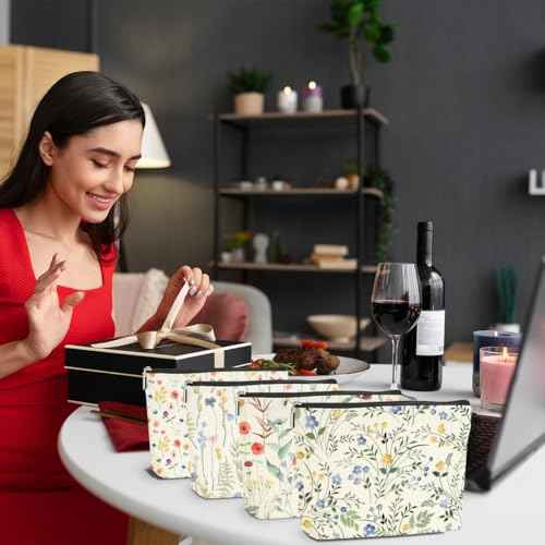 4 Pcs Watercolor Wildflower Makeup Bag, Botanical Cosmetic Bag Plant Lover Friendship Gifts for Women Sister Bestie Mom Friend Thanksgiving Christmas Birthday Gifts Travel Toiletry Bag Accessories