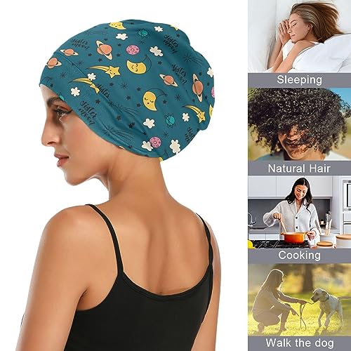 Satin Bonnet Hair Wrap for Sleeping - Lined Sleep Cap for Curly Hair Women & Men - Moon Cloud Dark Green