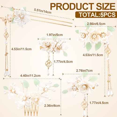 5pcs Camellia Flower Tassel Hair Pins, Vintage Chinese Rhinestones Pearl Hair Sticks, Floral Bun Updo Hair Comb Clip, Bridal Headpiece for Women Wedding, Parties - White