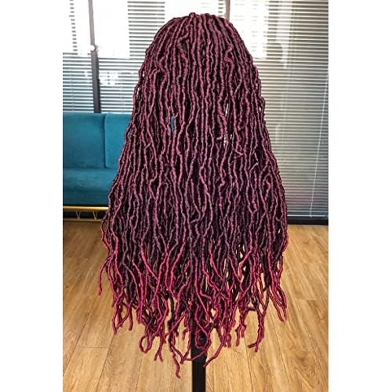 Annivia 32Inch Full Double Lace Box Braided Wigs for Black Women Faux Locs Square Knotless Wigs with Baby Hair Long Dreadlock Wig Natural Black Hand-braided Synthetic Twist Lace locs Wig Ombre Red