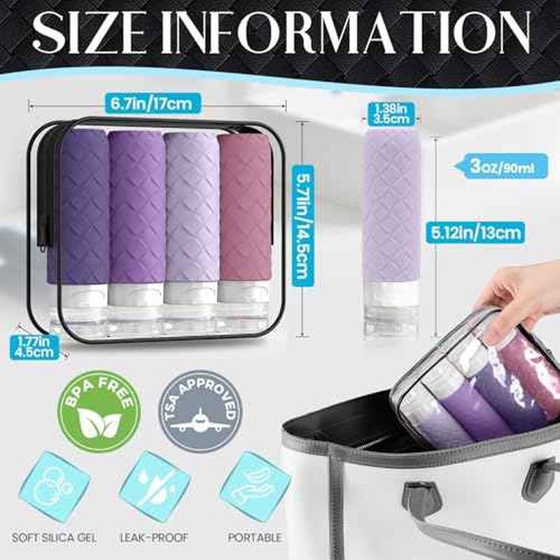 Travel Bottles for Toiletries, TSA Approved Silicone Travel Size Containers for Toiletries, BPA Free Leak Proof Refillable Essentials Accessories, Shampoo and Conditioner Bottles (Purple)