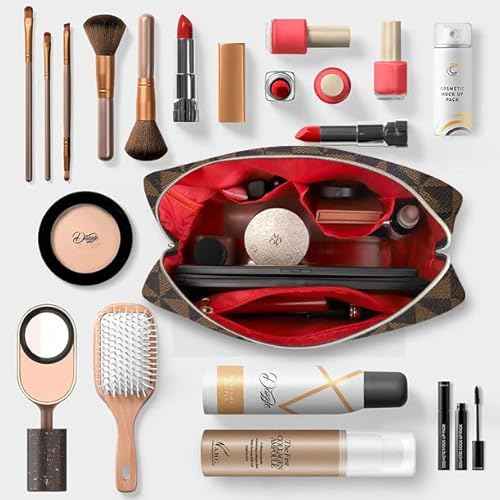 Leather Checkered Makeup Bag, 2 Pack Portable Cosmetic Bag, Large Capacity Waterproof Travel Toiletries Bag for Women, Christmas Gifts