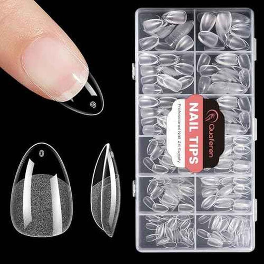 Quaferen Almond Nail Tips Short: 504pcs Pre-shape Acrylic Fake Nails Tips Almond Shape - 12 Sizes Soft Gel Full Cover Clear Gelly Press on False Tip for Nail Extension Salon Home