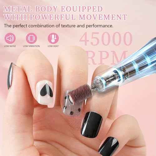 Electric Nail File Professional Kit - 45000RPM Portable Nail Drill Electric File with 11 Bits & Base?LED Screen?Ultra-Silent, Rechargeable Nail Drills Machine for Acrylic Nails Gel Polishing (Pink)