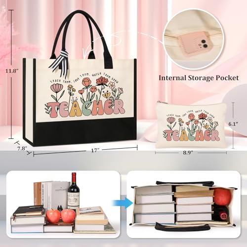 Teacher Appreciation Gifts, Canvas Tote Bag and Makeup Bag Set for Women