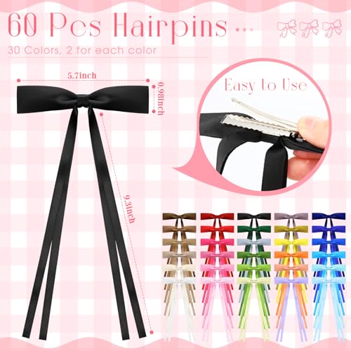 Mimorou 60 Pcs Hair Bow for Girls Women Bulk Silky Satin Ribbon Hair Bows Tassel Bowknot Clips Barrettes with Long Tail, 30 Colors
