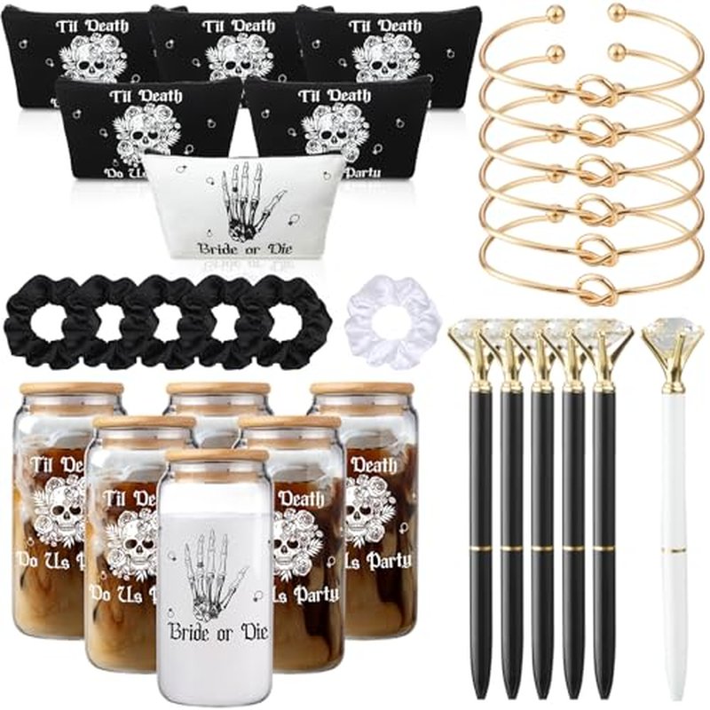 Hushee 30 Pcs Bride or Die Bachelorette Party Supplies Till Death Bridesmaids Gifts 16 oz Glass Cup Makeup Bag Scrunchy Knotted Bracelet Diamond Pen for Gothic Halloween Bridal Shower Wedding Supplies