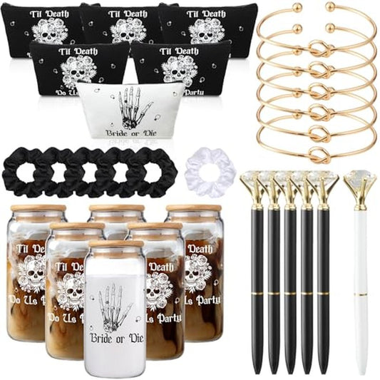 Hushee 30 Pcs Bride or Die Bachelorette Party Supplies Till Death Bridesmaids Gifts 16 oz Glass Cup Makeup Bag Scrunchy Knotted Bracelet Diamond Pen for Gothic Halloween Bridal Shower Wedding Supplies