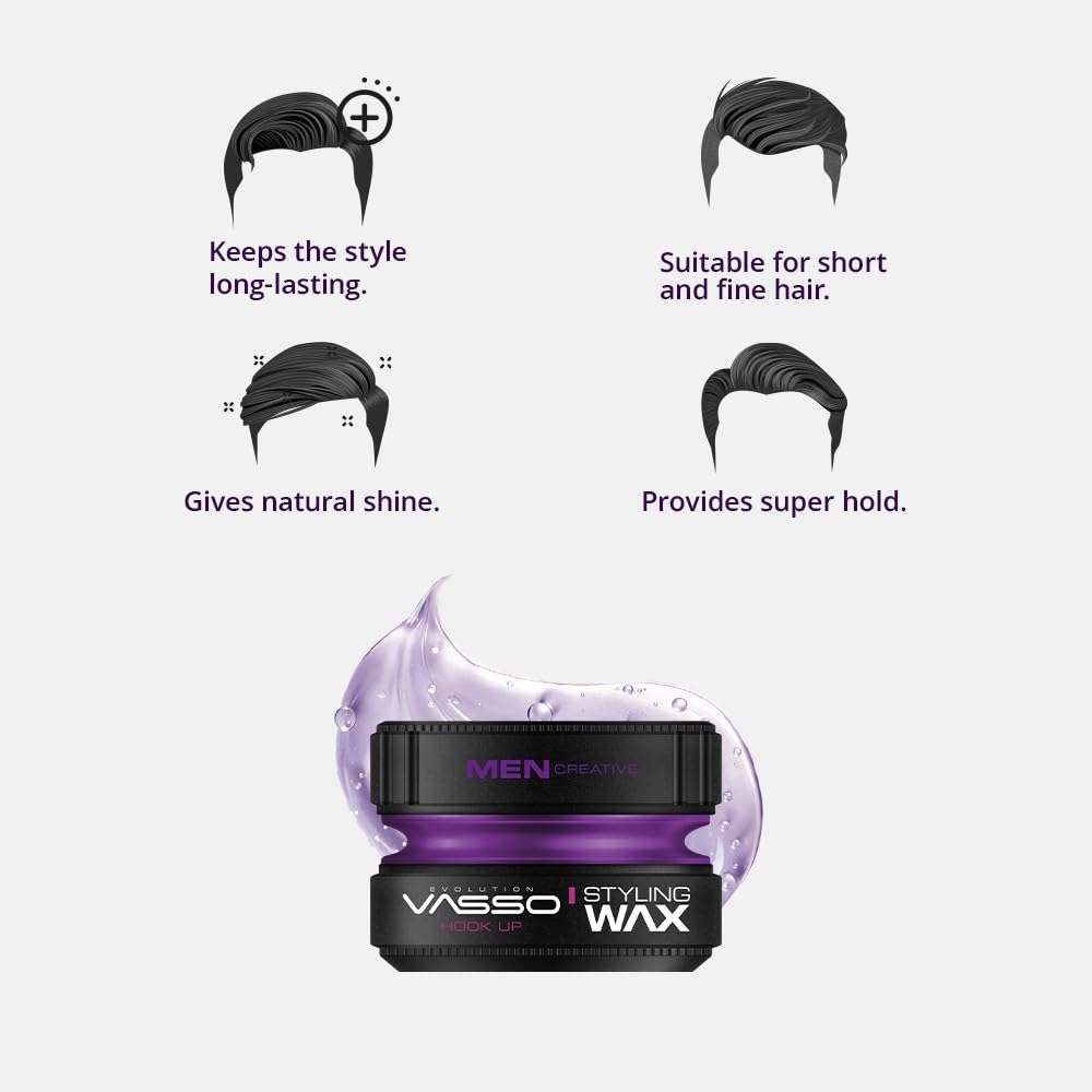 Vasso Hook Up Hair Styling Wax for Men, Super Strong Hold with Natural Shine, Water Based Hair Wax for Short & Thin Hair, Long Lasting Reworkable Styling Pomade, 5.07 fl oz (150 ml)