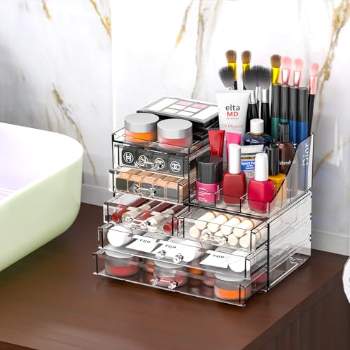 SuoXing Clear Acrylic Makeup Organizer for Vanity,Bathroom,Dresser,6 Drawer Cute Make up Organizers for Counter,Plastic Countertop Makeup Storage for Beauty,Jewelry,Brush,Cosmetic,Skin Care Organizer