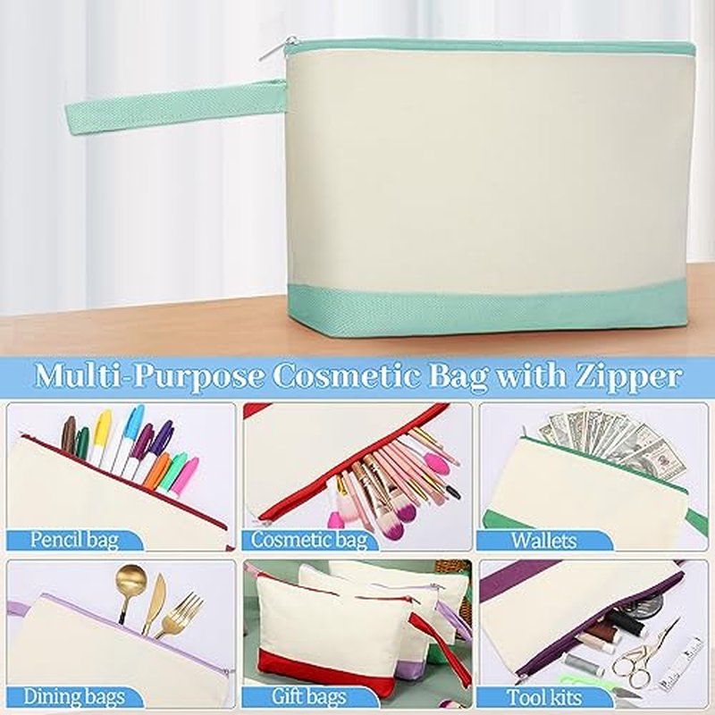 Silkfly 48 Pcs Cotton Canvas Makeup Bags Canvas Cosmetic Zipper 10.2 x 5.5 x 2 Inches Blank DIY Pouch Bag Bulk with Bottom Pencil Case Travel Toiletry Pouch for Women (24 Colors)