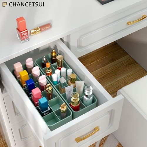 Organizer Holder for Lipstick Nail Polish: Lip Gloss Makeup Storage Drawer Organizers, Vanity Small Perfume Rack Plastic Tray Lipgloss Mascara Holders Stand Cosmetic Display Case 24 Spaces, Green