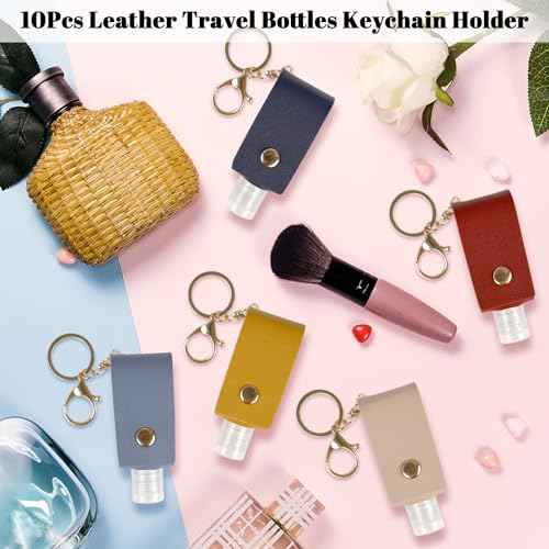 10PCS Hand Sanitizer Holders, 30ML Leather Keychain Holder Bottles Cases, Travel Size Empty Squeeze Bottle for Toiletry Shampoo Lotion Soap