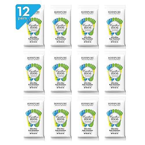 Bodipure All-In-1 Moisturizing Foot Mask, Keratin & Vitamin E Foot Mask for Dry Cracked Feet, Callus & Heel Softening, Easy-to-Use Pedicure Foot Repair, Chemical-free Feet Treatment 12 Pairs