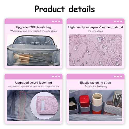 BOYATU Travel Makeup Bags Cosmetic Organizer Bag: 3-Set Large Capacity Make up Bag - PU Leather Toiletry Bags for Women - Wide Open Portable Pouch with Divider & Handle (01-Z-Light Purple)