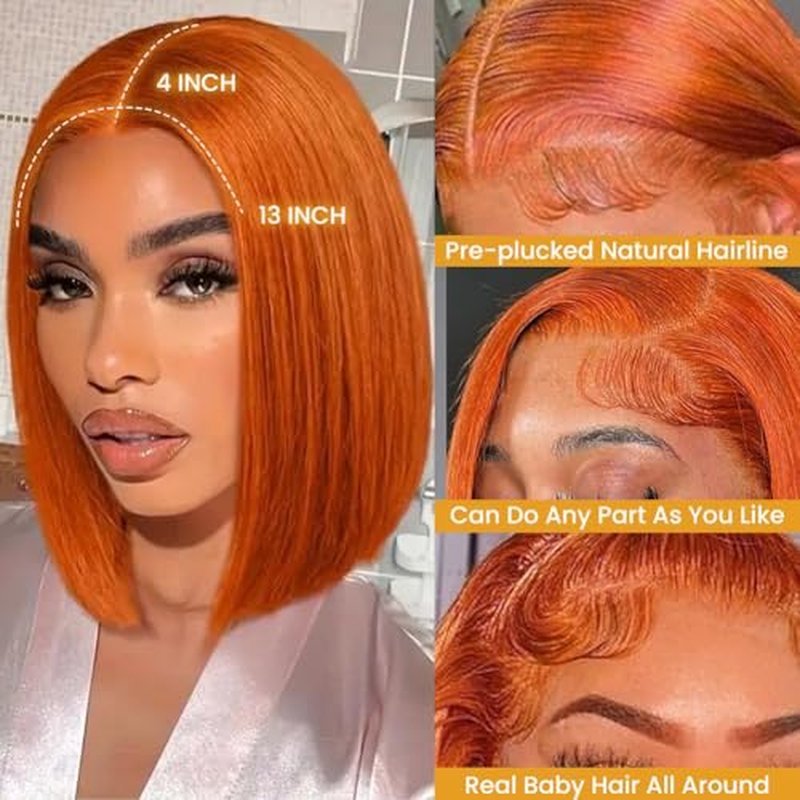 Ginger Orange Bob Wig Human Hair 13x4 HD Lace Frontal Wigs Human Hair for Women Ginger Glueless Short Straight Bob Lace Frontal Wigs 180% Density #350 10 Inch