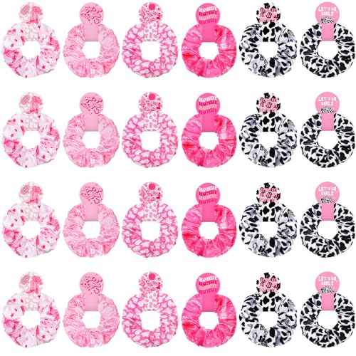 Lyrow 24 Pcs Cowgirl Western Cow Print Scrunchies Let's Go Hair Scrunchies Disco Cow Print Hair Accessories Ponytail Holder Ropes for Elastic Ties Bride Bachelorette Party Supplies Favors