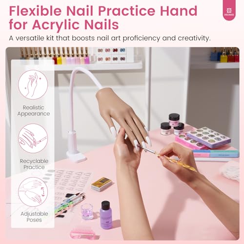 Practice Hand for Acrylic Nails Kit: Silicone Hand for Nail Practice with Nail Kit for Beginners - Bendable Training Fake Hand Manicure Acrylic Powder Set for Salon Home