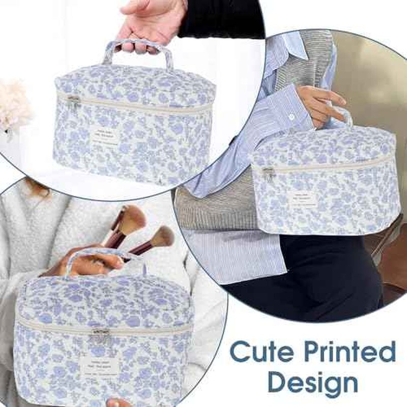 Large Makeup Bag, Cute Quilted Makeup Bag for Women, Travel Cotton Make Up Organizer Bag, Floral Coquette Aesthetic Toiletry Bag, Gift For Daughter, Preppy Things For Girls