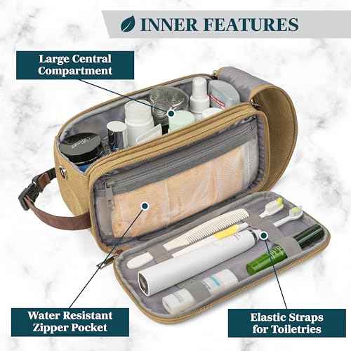 PAVILIA Toiletry Bag for Men, Canvas Travel Dopp Kit, Water Resistant Hygiene Bag Toiletries Organizer, Shaving Kit Travel Accessories Bag, Tan Khaki