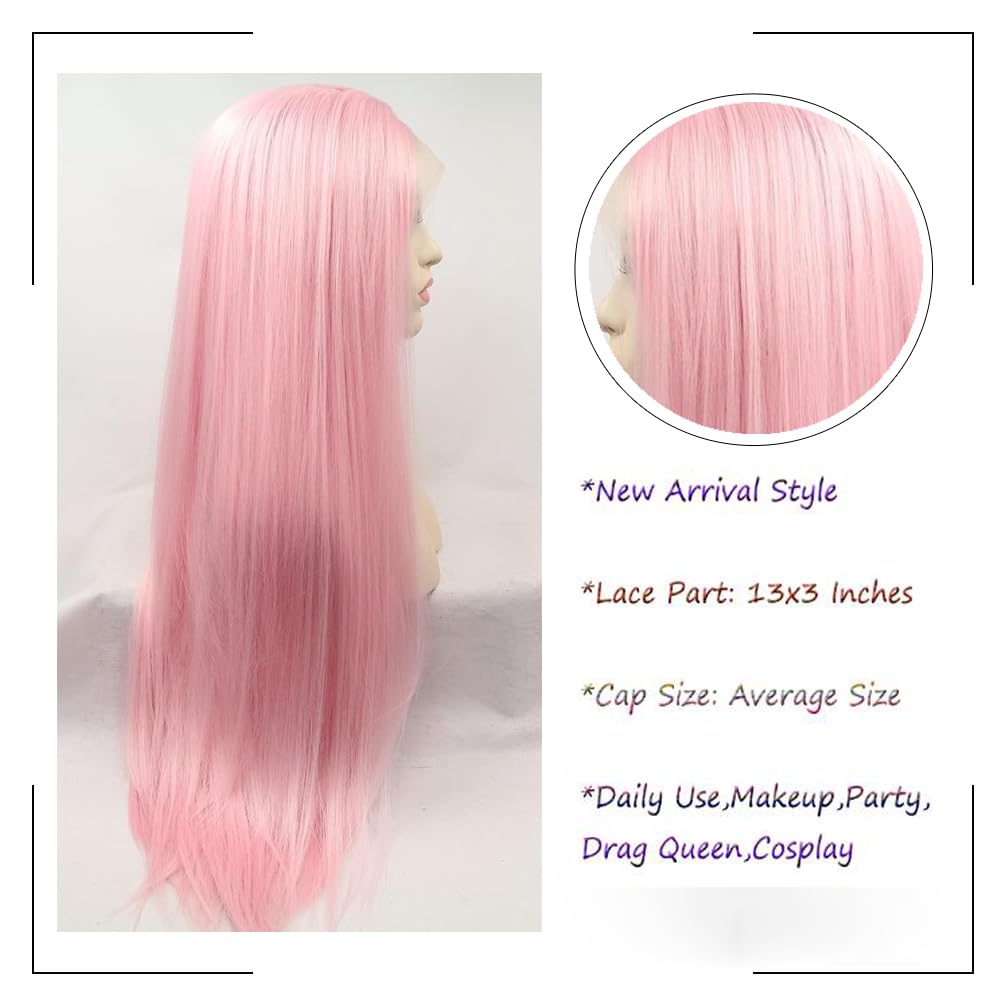 Angle Lucky Pink Lace Front Wig Long Silky Straight Light Pink Lace Wig Synthetic Heat Resistant Fiber Realistic Hairline Wigs for Women Cosplay Daily Use 24inch