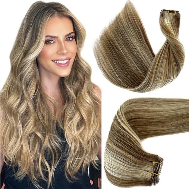 Benafee Sew in Weft Hair Extensions Human 16'' 100G Balayage Wefts Ash Brown to Beige Blonde Platinum Real Bundles
