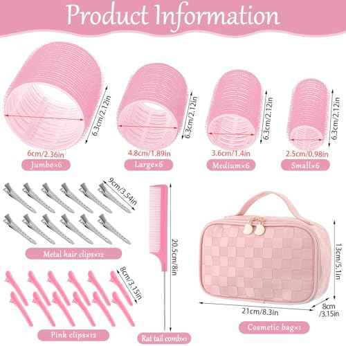 Obeoby 50 Pcs in 1 Pack 4 Sizes Hair Rollers with Gift Makeup Bag, 24 Pcs Self Grip Rollers and Clips, Comb, 25/36/48/60 mm Curlers for Volume Medium Long Hair