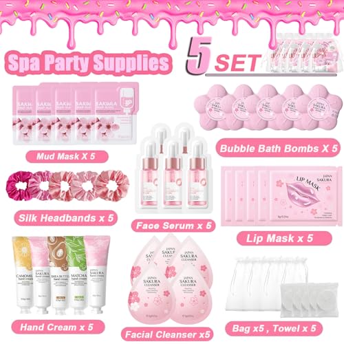 Spa Party Supplies for Women Girl,45pcs/5 Set Sleepover Party Favors With Facial Masks Skincare,Face Cleanser,Serum, Hand Cream,Lip Mask,Foot Bath Bombs,Gift for Spa,Sleepover,Birthday