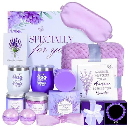 Christmas Gifts Baskets for Women,Get Well Self Care Gifts for Women,Lavender Relaxing Spa Basket with Luxury Flannel Blanket Feel Better Birthday Gifts for Mom Her Sister Wife Girlfriend