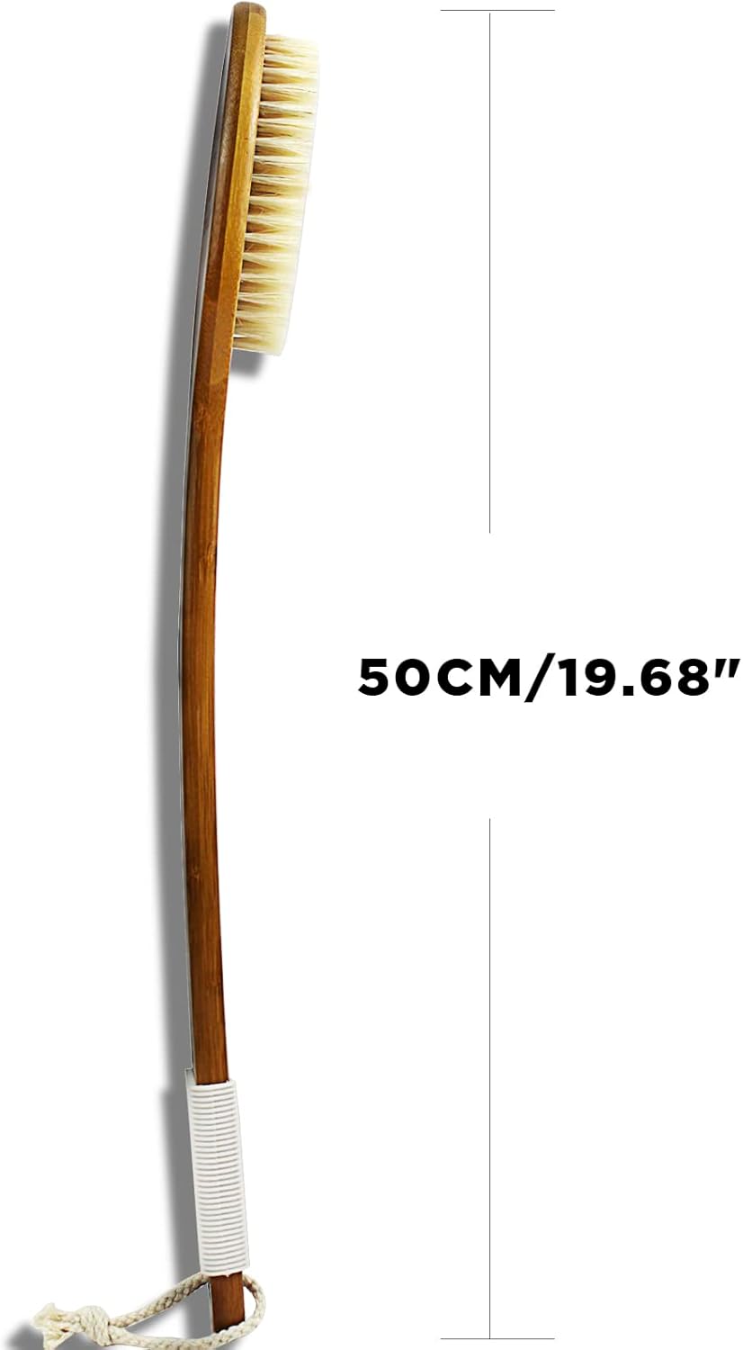 Natural Boar Bristle Bath Brush - Extra Long Anti-Slip Handle for Exfoliating | 19.68 Inch Shower Scrubber with Pumice Stone