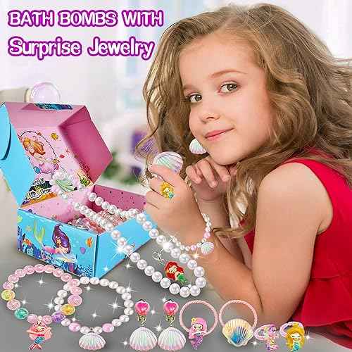 Mermaid Bath Bombs for Girls Kids with Surprise Inside 6+10 PCS Mermaid Gifts for Girls Toys 4 5 6 7 8 Year Old Birthday Easter Basket Sutffer Princess Jewelry Natural Organic Bubble Bath Bomb Set