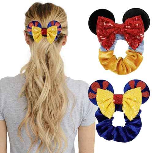 WOVOWOVO Mouse Ear Hair Scrunchies, 2 Count Snow White Mouse Ears Hair Scrunchies for Women, Cute Velvet Hair Ties for Ponytail Party Favors Cosplay Costume Cute Hair Accessories
