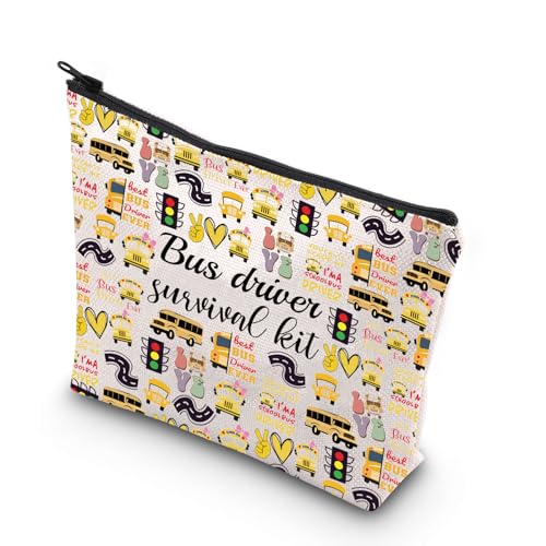 WCGXKO School Bus Driver Gift End Of Term School Bus Driver Gift School Bus Driver Survival Kit Cosmetics Bag (Bus Driver ever), Beige