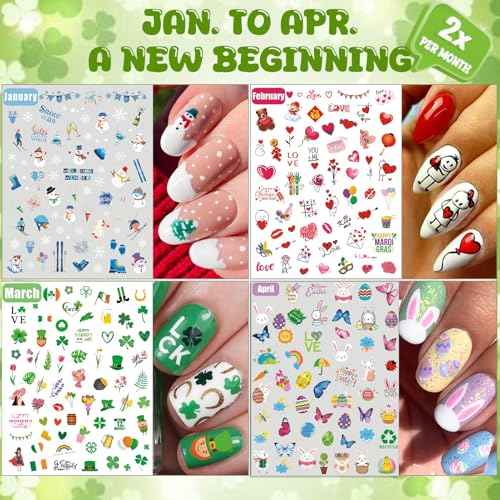 12 Months All Holiday Nail Stickers, 24 Sheets Seasonal Variety Pack 2 Pcs Per Month DIY Nail Art, Self-Adhesive Pegatinas U?as for a Year of Halloween Christmas Thanksgiving&Valentine¡¯s Day