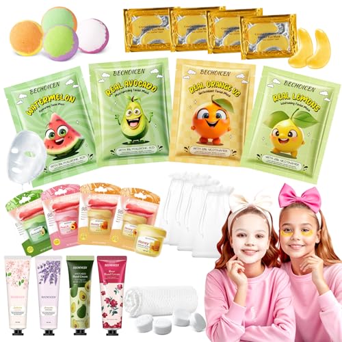 28Pcs spa birthday party supplies,4 Set Spa Party Favors kit with Facial Masks Eye Patches Hand Cream Lip Balm Foot Bath Bombs,Ideal Gift for Sleepovers & Birthdays,Safe for All Skin Types