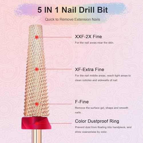 Depvko Super Long 5 in 1 Nail Drill Bits, 3/32'' Carbide Tungsten Bits, Two Way Rotate Professional Advanced Safety Bits for Nail, Fast Remove for Manicure Pedicure (Long 5in1-Rose Gold, Fine-F)