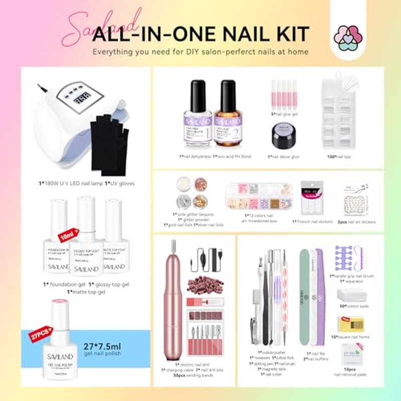 Saviland Gel Nail Polish Kit with U V Light: 27+3 Colors Nail Gel Polish Soak-Off U V Gel 180W Nail Lamp Base & Top Gel Electric Nail Drill Basic Nail Art Tools Manicure Kit for Nail Salon Home DIY