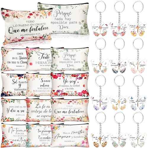 24 Pcs Spanish Christian Gift Set - 12 Women Makeup Bags Bulk & 12 Butterfly Keychains Inspirational Bible Verse Cosmetic Bags Religious Gifts for Women Regalos Religiosos Para Mujer En Espa?ol